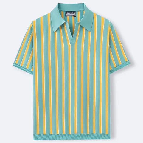 Men Knitted Polo Shirt Vintage Vertical Stripe Short Sleeve Slim Fit Viscose Knitted Top Summer Casual Fashion Polo For Men