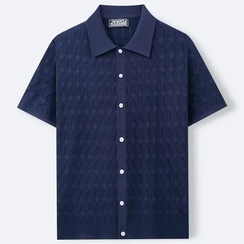 Men Short Sleeve Viscose Knit Polo Shirt Lightweight Jacquard Button Up Cardigan Summer Casual Fashion Top