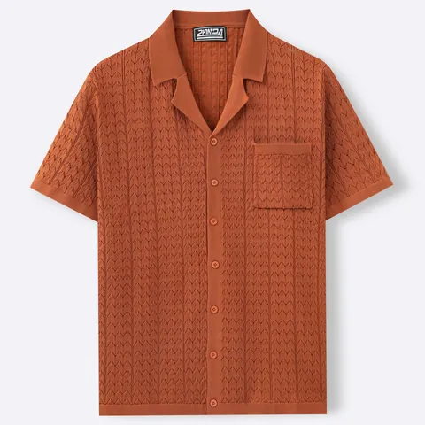 Men Summer Cuban Collar Jacquard Knitted Polo Shirt Short Sleeve Button Down Cardigan With Patch Pocket Casual Viscose Knit Top