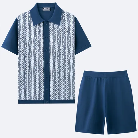 Heren Casual Gebreide Jacquard Set Viscose Korte Mouw Knoop Vest En Shorts Met Trekkoord Vakantie Stijl Top And Bottom
