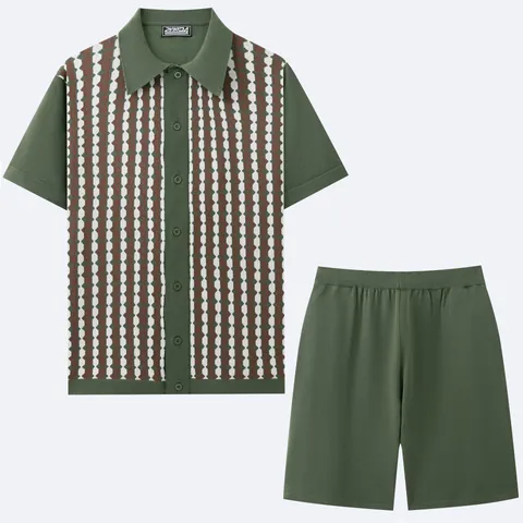 Men Casual Striped Jacquard Short Sleeve Knit Cardigan And Shorts Viscose Knitwear Suit Top And Bottom Clothing