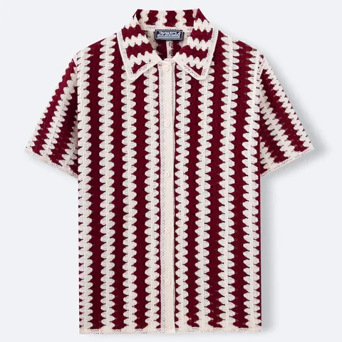 Men's French Retro Striped Knitted Polo Shirt Summer Short Sleeve Hollow Out Crochet Top Casual Acrylic Knit Polo