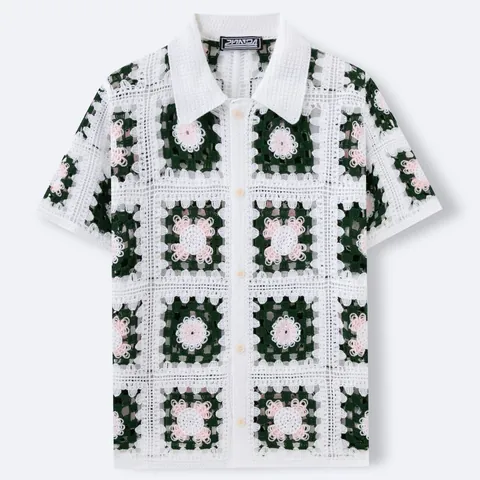 Polo da Uomo Retrò All'uncinetto a Mano Vintage Granny Square In Maglia Manica Corta Top con Bottoni Summer Casual Beach Wear