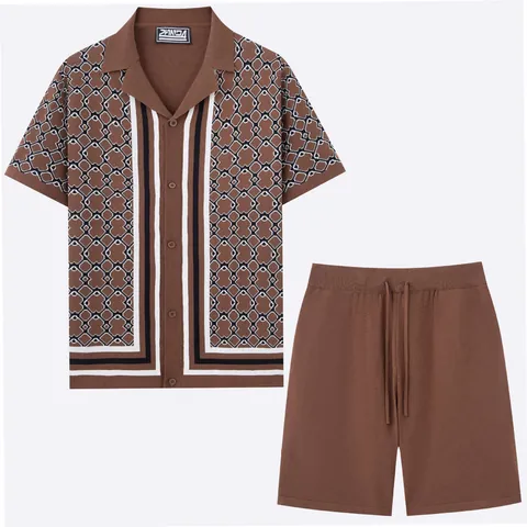 Men's Cuban Collar Knit Top And Bottom Summer Jacquard Short Sleeve Shirt And Shorts Viscose Casual Outfit