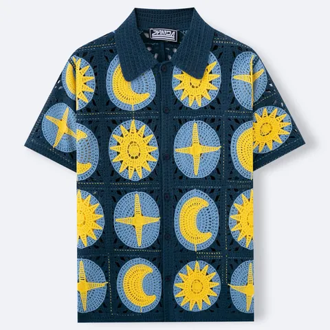 Men Vintage Hawaiian Crochet Polo Shirt Hollow Out Short Sleeve Knit Top Celestial Sun Moon Pattern Acrylic Polo Cardigan