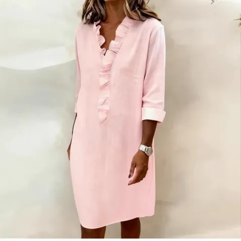 Dames Mode Woon-werkverkeer Ruffle V-Hals Polyester Overhemdjurk Afslankend Lange Mouwen Effen Kleur Midi A-Lijn Jurken