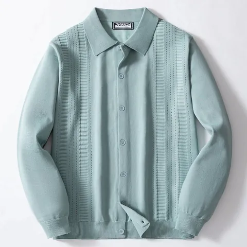 Men's Casual Knit Cardigan Polyester Pointelle Textured Sweater Top Lightweight Long Sleeve Button Down Polo Neck For Spring Autumn SY0195