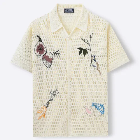 Heren Vakantiestijl Gehaakt Gebreid Vest Poloshirt Opengewerkt Geborduurd Korte Mouw Casual Ademend Revers Top met Knopen