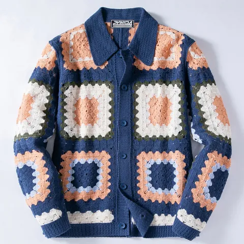 Men Retro Hollow Out Crochet Knit Cardigan SY0046 Granny Square Geometric Pattern Long Sleeve Lapel Thin Sweater Navy Casual Top