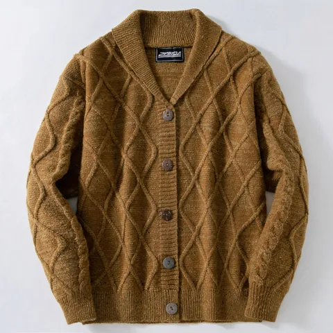 Men Vintage Marl Cable Knit Cardigan Sweater Thick Shawl Collar Button Up Knitwear Wool Blend Casual Winter Top Jacket