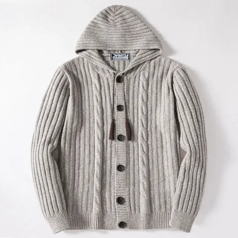 Men's Vintage Marl Cable Knit Hoodie Cardigan Thick Thermal Button Up Sweater Jacket With Tassel Drawstring Top