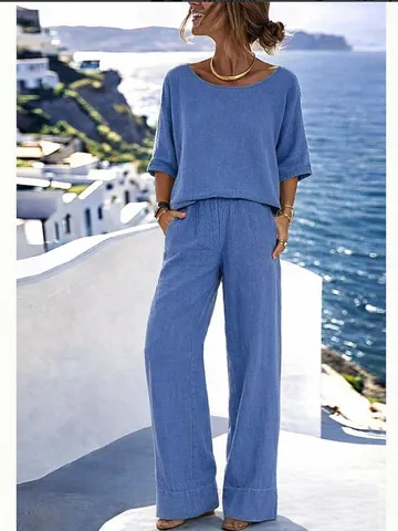 Dames Elegant Effen Kleur Ronde Hals Korte Mouw Top En Wijde Pijpen Broek Casual Vakantie Polyester Spandex Outfit