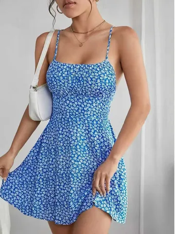 Women Sexy Backless Floral Print Spaghetti Strap Mini Dress Summer Casual Sleeveless Slim Fit A-Line Vacation Sun Dress