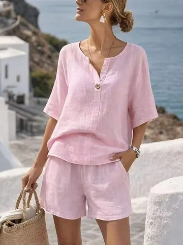 Dames Casual Linnen Tweedelige Set V-hals Korte Mouw Top En Rechte Shorts Vakantiestijl Effen Kleur Outfit