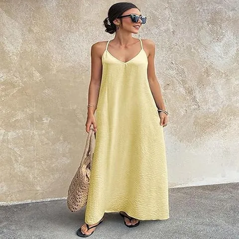 Dames Sexy Diepe V-hals Spaghettibandjes Maxi Jurk Franse Vakantiestijl Mouwloos Effen Kleur Geplooid Getextureerde Lange Zomerjurk