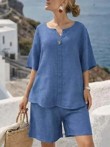 Dames Casual Linnen Tweedelige Set V-hals Korte Mouw Top En Rechte Shorts Vakantiestijl Effen Kleur Outfit