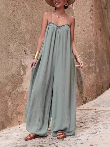 Combinaison Cami Dos Nu pour Femmes Décontractée en Coton et Lin Jambe Large Bohème Vacances d'Été Bord de Mer