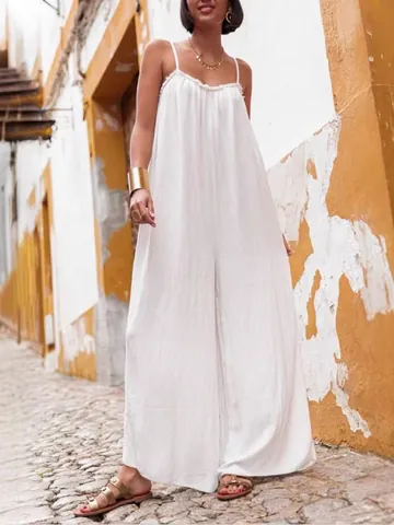 Combinaison Cami Dos Nu pour Femmes Décontractée en Coton et Lin Jambe Large Bohème Vacances d'Été Bord de Mer
