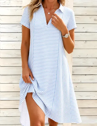Women Bohemian Striped Mini Dress Polyester Short Sleeve V-Neck Loose Summer Beach Vacation Casual Elegant Printed Dress