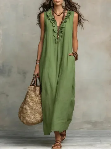 Dames Boheems V-hals Rafelrand Mouwloos Maxi Jurk Vakantie Ademend Effen Kleur Polyester Lange Jurk Met Zakken
