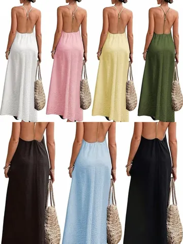 Dames Sexy Diepe V-hals Spaghettibandjes Maxi Jurk Franse Vakantiestijl Mouwloos Effen Kleur Geplooid Getextureerde Lange Zomerjurk