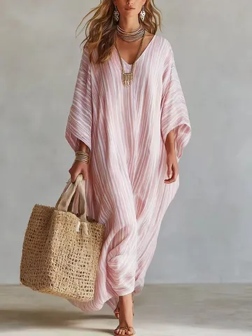 Women Bohemian Kaftan Maxi Dress V Neck Half Sleeve Vertical Stripe Digital Print Summer Loose Vacation Beach Long Dress
