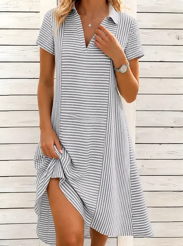 Women Bohemian Striped Mini Dress Polyester Short Sleeve V-Neck Loose Summer Beach Vacation Casual Elegant Printed Dress