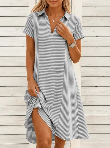 Damen Bohemian Gestreiftes Minikleid Polyester Kurzarm V-Ausschnitt Locker Sommer Strand Urlaub Lässiges Elegantes Bedrucktes Kleid