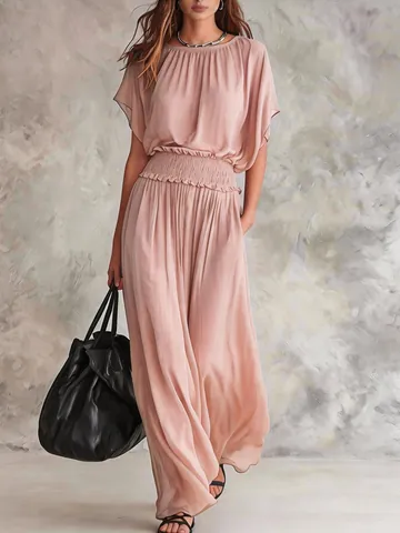 Elegant Women Solid Color Smocked Waist Maxi Dress Polyester Spandex Batwing Sleeve Long Dress For Banquet Daily Office