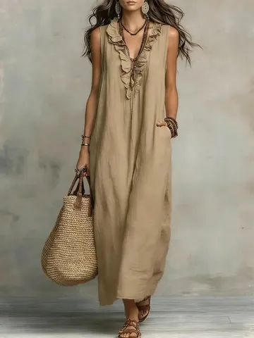 Dames Boheems V-hals Rafelrand Mouwloos Maxi Jurk Vakantie Ademend Effen Kleur Polyester Lange Jurk Met Zakken