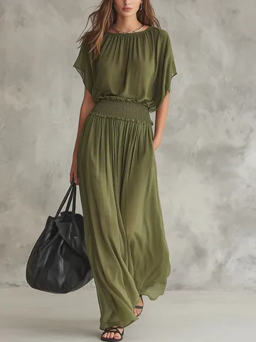 Elegant Women Solid Color Smocked Waist Maxi Dress Polyester Spandex Batwing Sleeve Long Dress For Banquet Daily Office