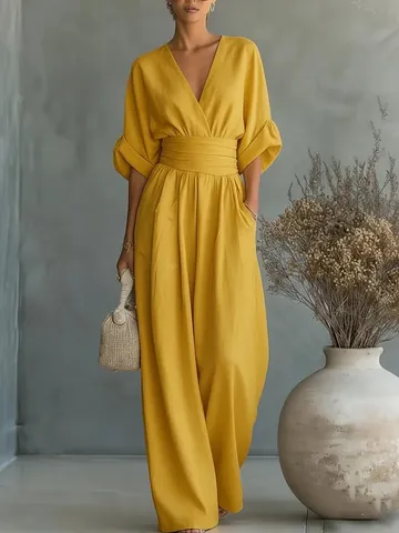 Women's Elegant V-Neck High Waist Jumpsuit With Waist Tie Wide Leg Solid Color Short Sleeve Jumpsuit For Summer Commuter