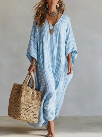 Women Bohemian Kaftan Maxi Dress V Neck Half Sleeve Vertical Stripe Digital Print Summer Loose Vacation Beach Long Dress