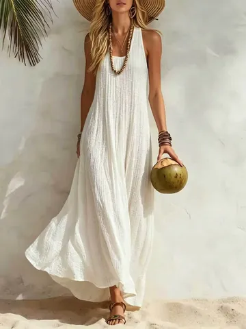 Women's Sleeveless Pleated Maxi Dress Bohemian Beach Vacation U-Neck Loose Fit Crinkled Solid Color Vest Dress Top And Bottom