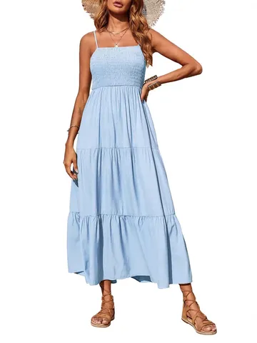 Elegante Maxi-jurk Voor Dames Met Smockwerk En Spaghettibandjes Boheems Strokenjurk Rugloos Voor Zomervakantie