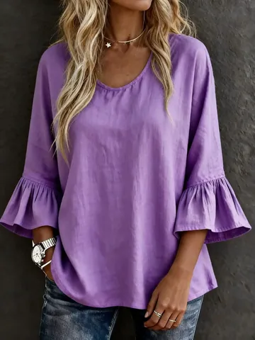 Dames Linnen Ronde Hals Driekwart Klokmouw T-Shirt Losse Lazy Stijl Effen Kleur Vakantie Top
