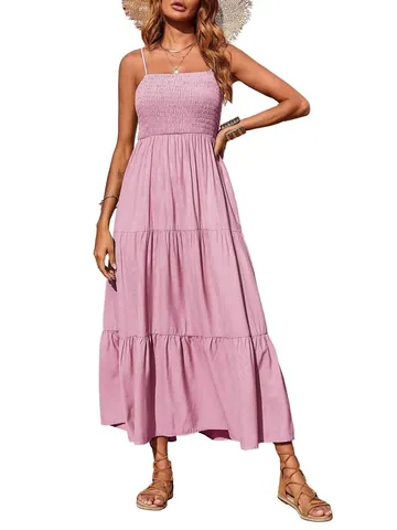 Elegante Maxi-jurk Voor Dames Met Smockwerk En Spaghettibandjes Boheems Strokenjurk Rugloos Voor Zomervakantie