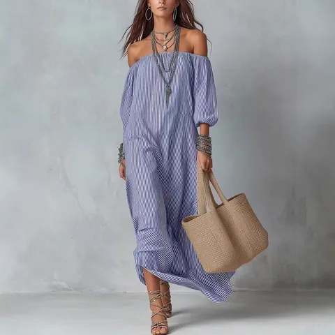 Dames Elegante Off-Shoulder Gestreepte Maxi Jurk Mode Lantaarn Mouw Losse Vakantie Strand Temperament Lange Jurk