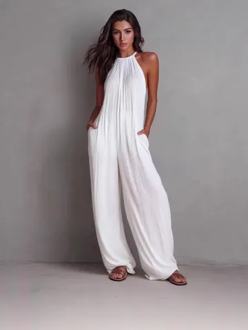 Dames Geplooide Halternek Mouwloze Wijde Pijpen Jumpsuit Rugloos Vakantiestijl Polyester Top And Bottom Elegante Romper