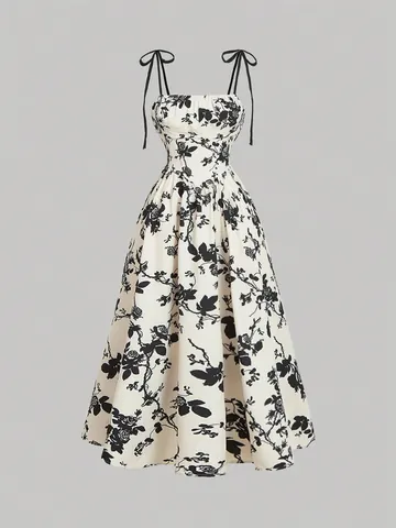 Women Summer Floral Printed Cami Midi Dress Vintage Sweet Beach Sun Dress Polyester Spandex Sleeveless A-line Vacation Dress