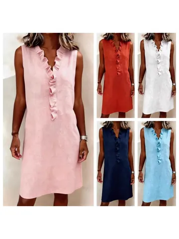 Women Ruffle V Neck Sleeveless Dress Fashion Solid Color Slim Fit Polyester Spandex Tank Dress Casual Beach Midi Dress