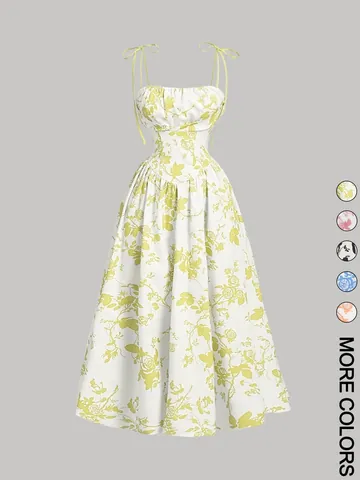 Women Summer Floral Printed Cami Midi Dress Vintage Sweet Beach Sun Dress Polyester Spandex Sleeveless A-line Vacation Dress