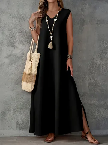 Dames Mouwloze Maxi Jurk Met V-Hals Polyester Crêpe Textuur Zijsplit Boheemse Zomer Strand Lange Jurk Elegant Casual