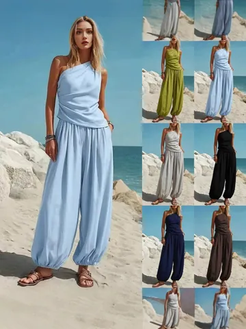 Dames Casual Eén Schouder Tanktop en Harembroek Set Polyester Elastaan Effen Kleur Hoge Taille Top And Bottom