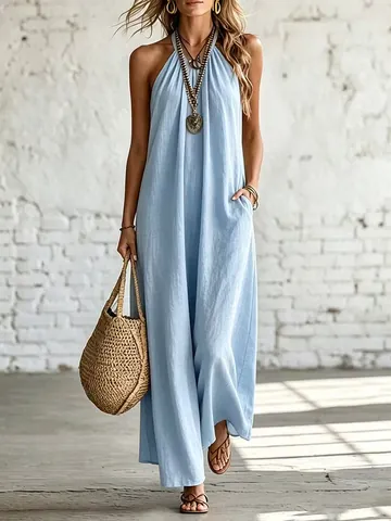Women Casual Loose Cotton Linen Halter Backless Maxi Dress Vacation Style Sleeveless Solid Color Long Dress With Pockets
