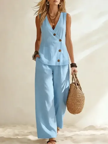 Women's Summer Casual Linen Two Piece Set Solid Color V-Neck Button Vest And High Waist Wide Leg Pants Set Resort Style Top And Bottom