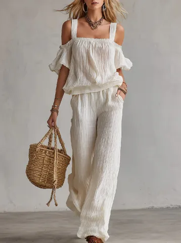 Women Vacation Textured Fabric Top And Bottom Cold Shoulder Cami And Wide Leg Pants Casual Summer Loose Bohemian Style Clothes