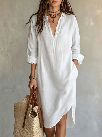 Vestido Camisero Holgado de Estilo Francés para Mujer Manga Larga Cuello en V Profundo Abertura Lateral Vestido Midi Color Sólido Poliéster Ropa de Playa Vacaciones