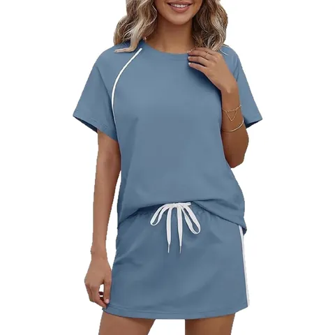 Women's Casual Sporty Top And Bottom Set Round Neck Short Sleeve Striped T-Shirt With Drawstring Mini Skirt Summer Outfit