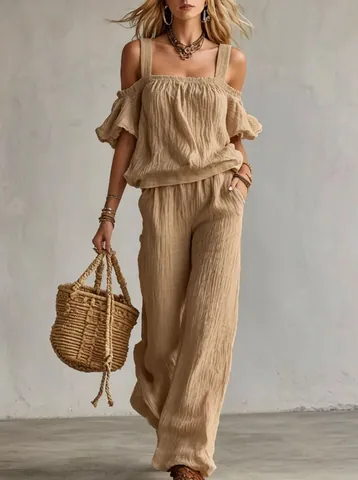 Women Vacation Textured Fabric Top And Bottom Cold Shoulder Cami And Wide Leg Pants Casual Summer Loose Bohemian Style Clothes